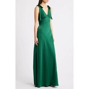 WAYF Ottilie Tie Strap Satin Gown Green XL NWI